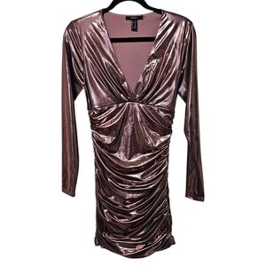 Forever21 M Metallic Long Sleeve Mini Dress Rose Gold V-Neck Going Out Holiday ~